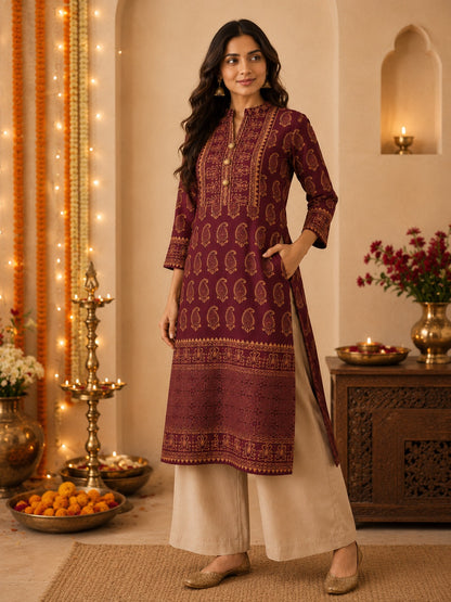 Gulnaar Maroon & Gold Paisley Print Festive Kurta for Women