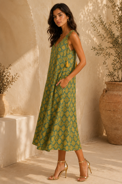Sunlit Meadow Handblock Tie Summer Maxi Dress