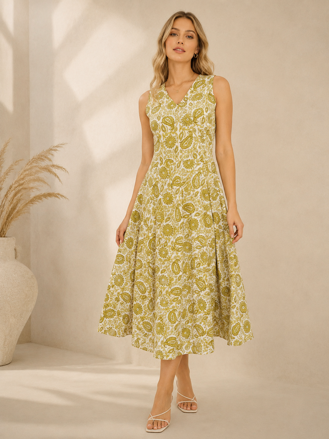 Golden Paisley Grace Midi Dress