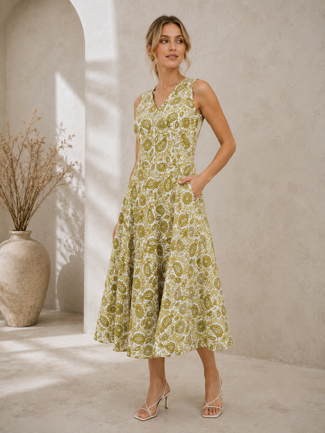 Golden Paisley Grace Midi Dress