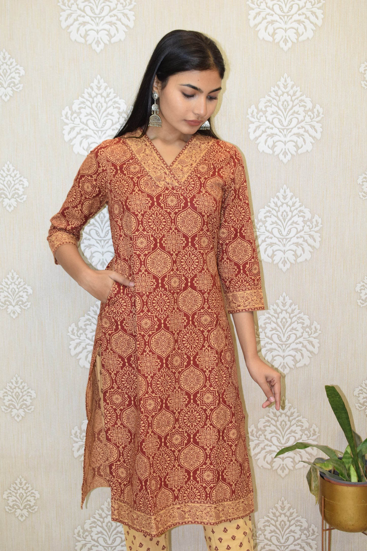 Maroon V-neck Sanganeri Print cotton straight Suit