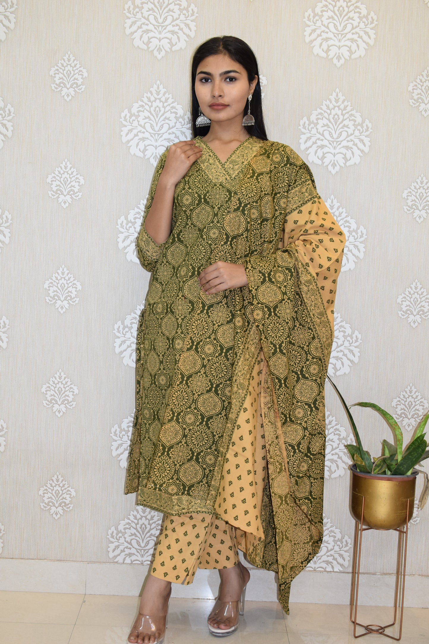 Green V-neck Sanganeri Print cotton straight Suit