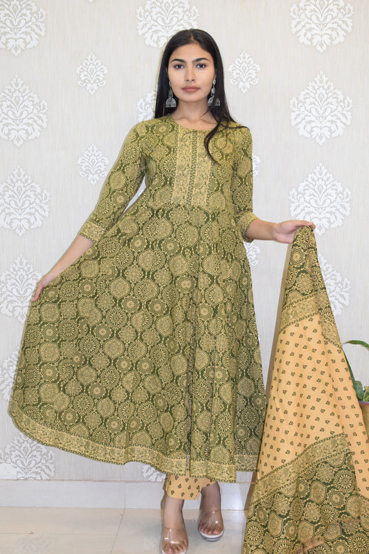 Green Sanganeri Print cotton Anarkali Suit