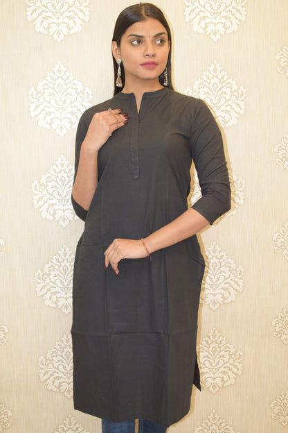 Black collared round neck Plain Cotton Kurta