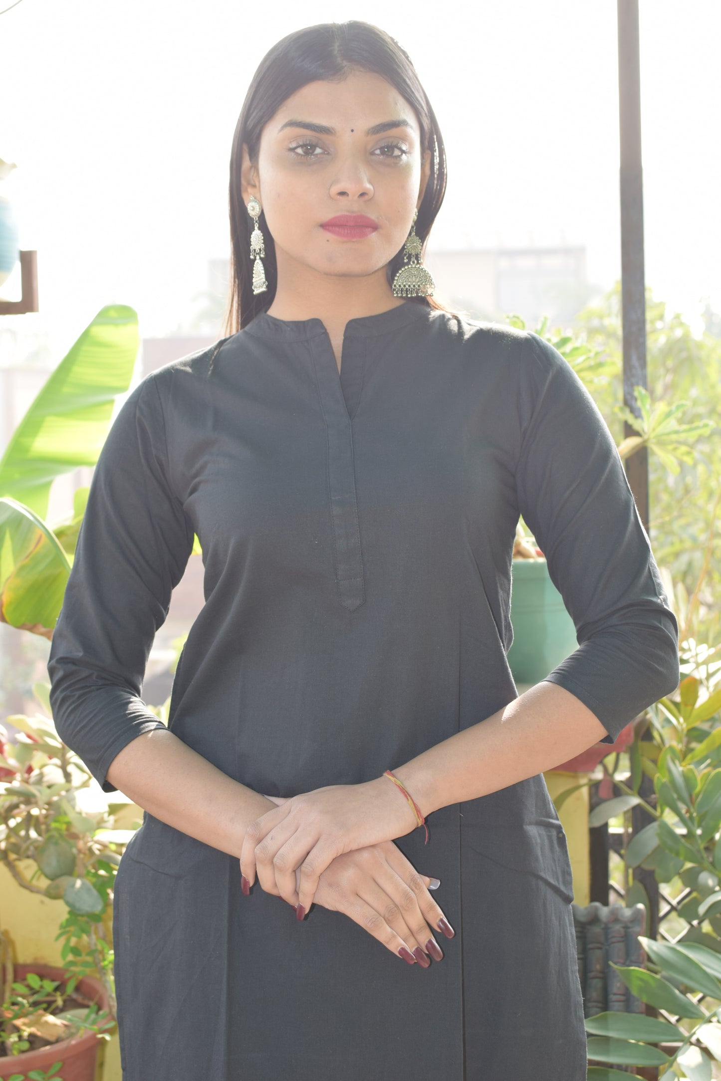 Black collared round neck Plain Cotton Kurta