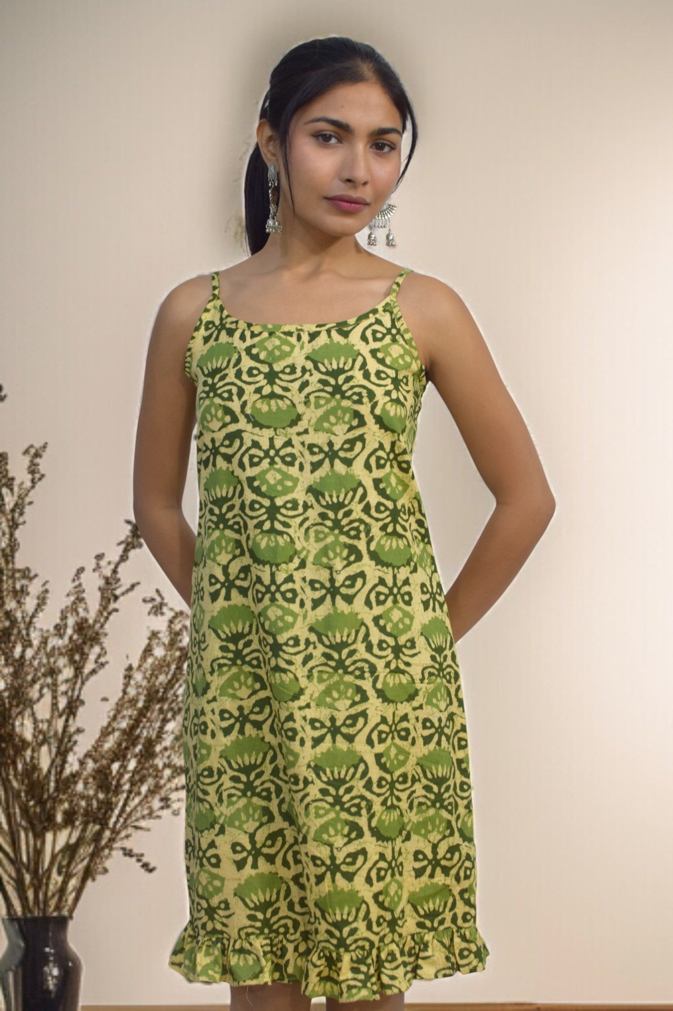 Fresh Leaf Ruffle Hem Dress