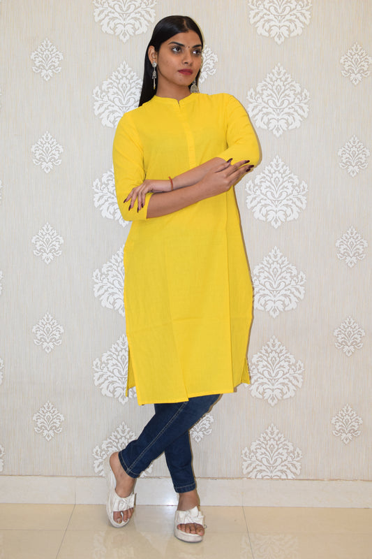 Yellow collared round neck Plain Cotton Kurta