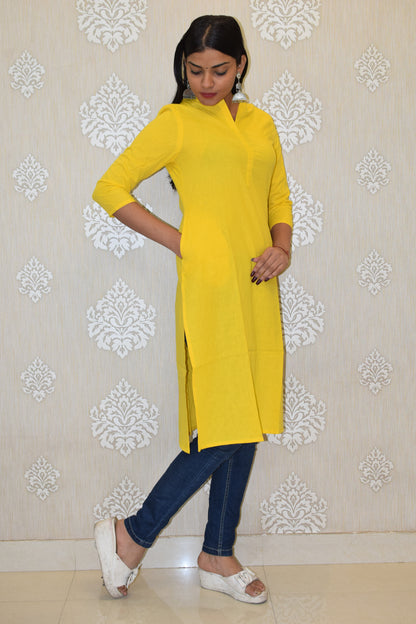 Yellow collared round neck Plain Cotton Kurta