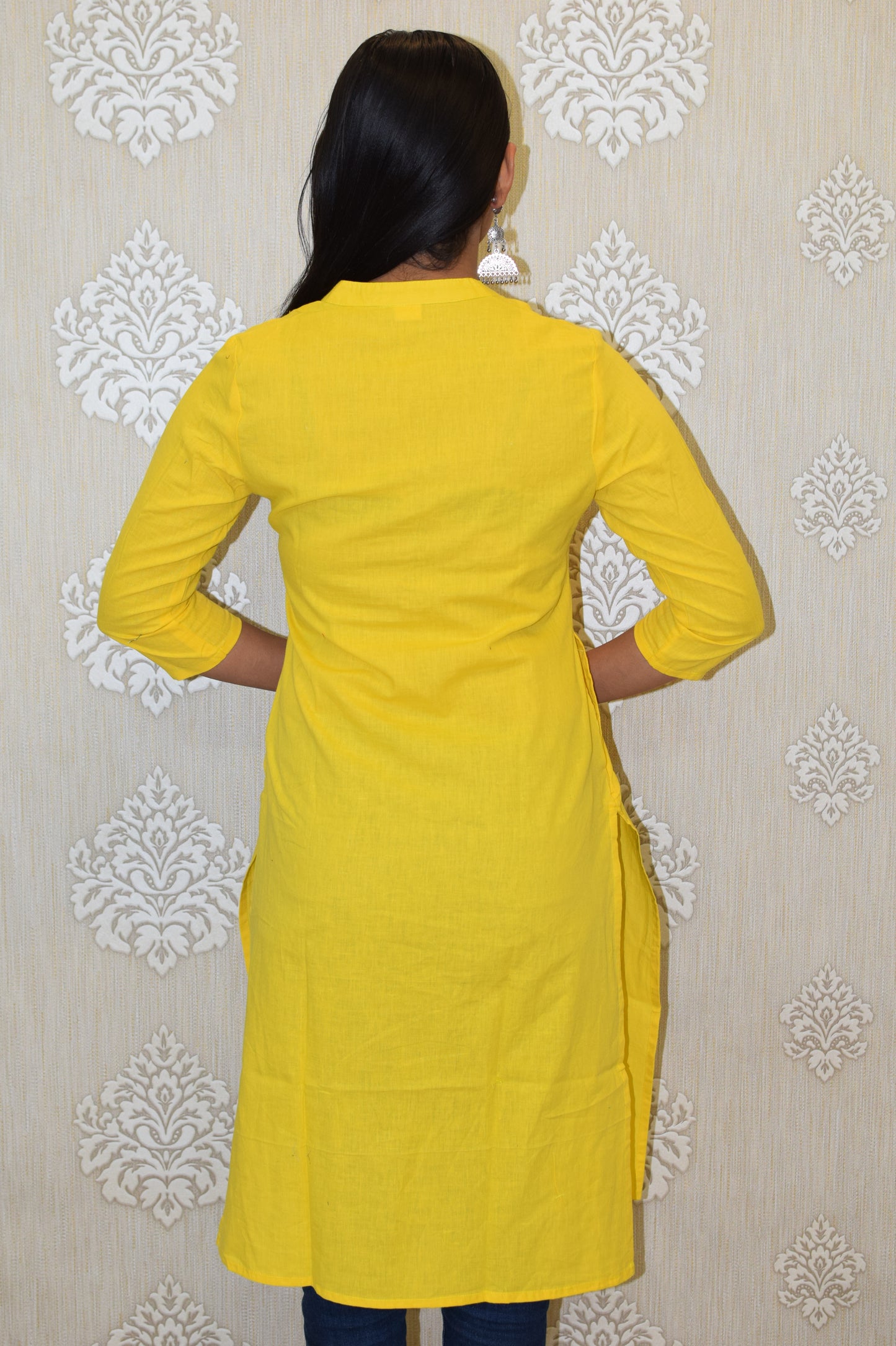 Yellow collared round neck Plain Cotton Kurta