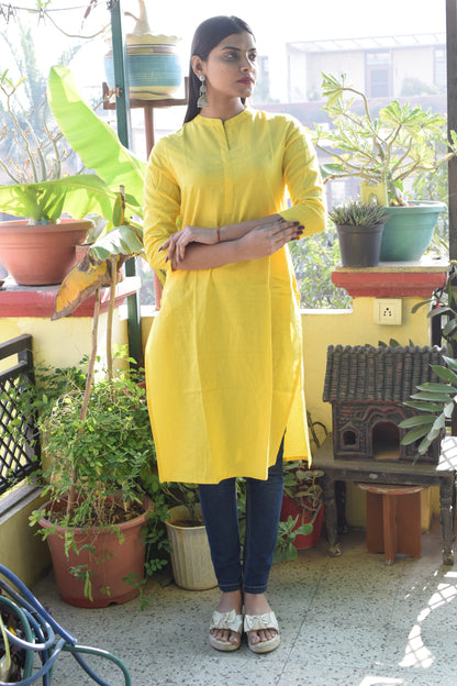 Yellow collared round neck Plain Cotton Kurta