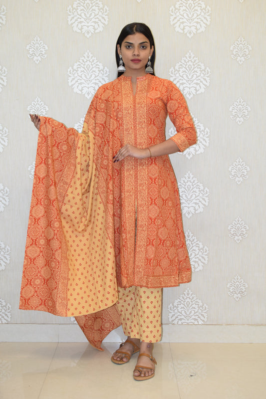 Orange Sanganeri Print cotton A-line suit