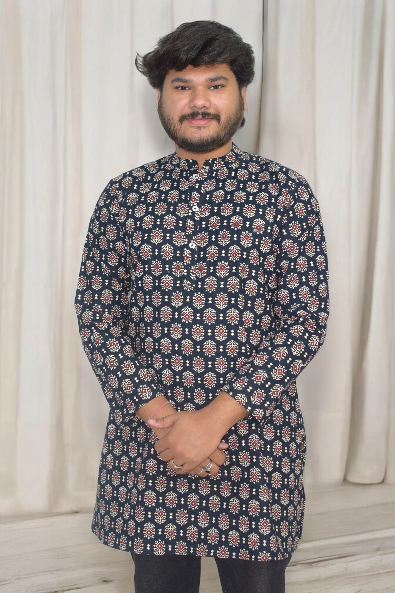 Heritage Black tricona Hand Block Cotton kurta for men