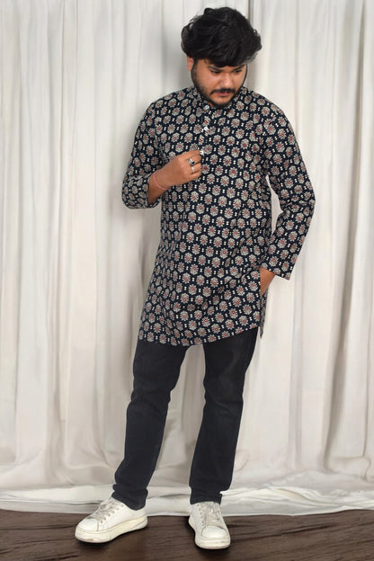 Heritage Black tricona Hand Block Cotton kurta for men