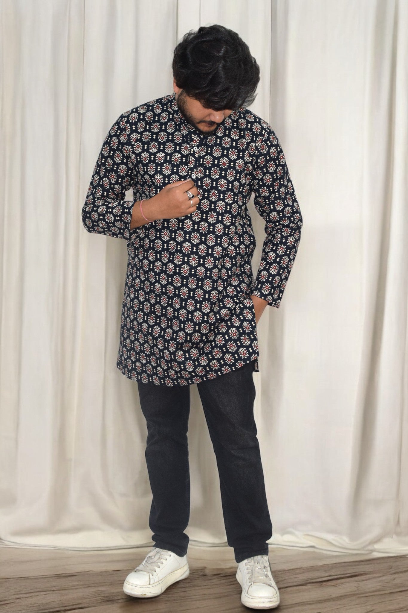 Heritage Black tricona Hand Block Cotton kurta for men