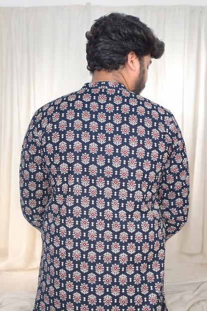 Heritage Black tricona Hand Block Cotton kurta for men