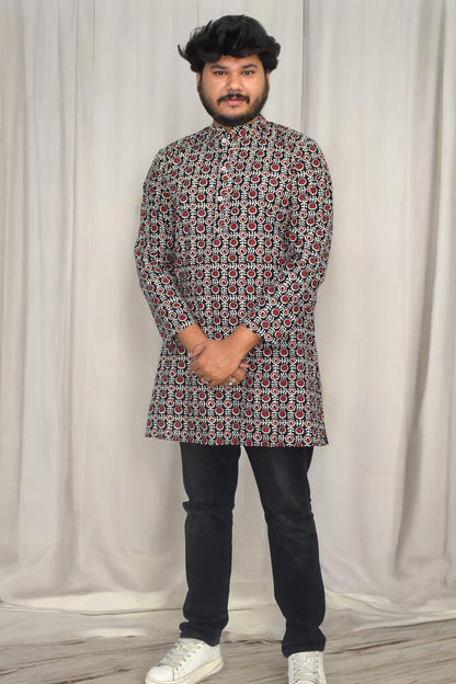 Heritage Black circle Hand Block Cotton kurta for men