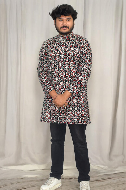 Heritage Black circle Hand Block Cotton kurta for men