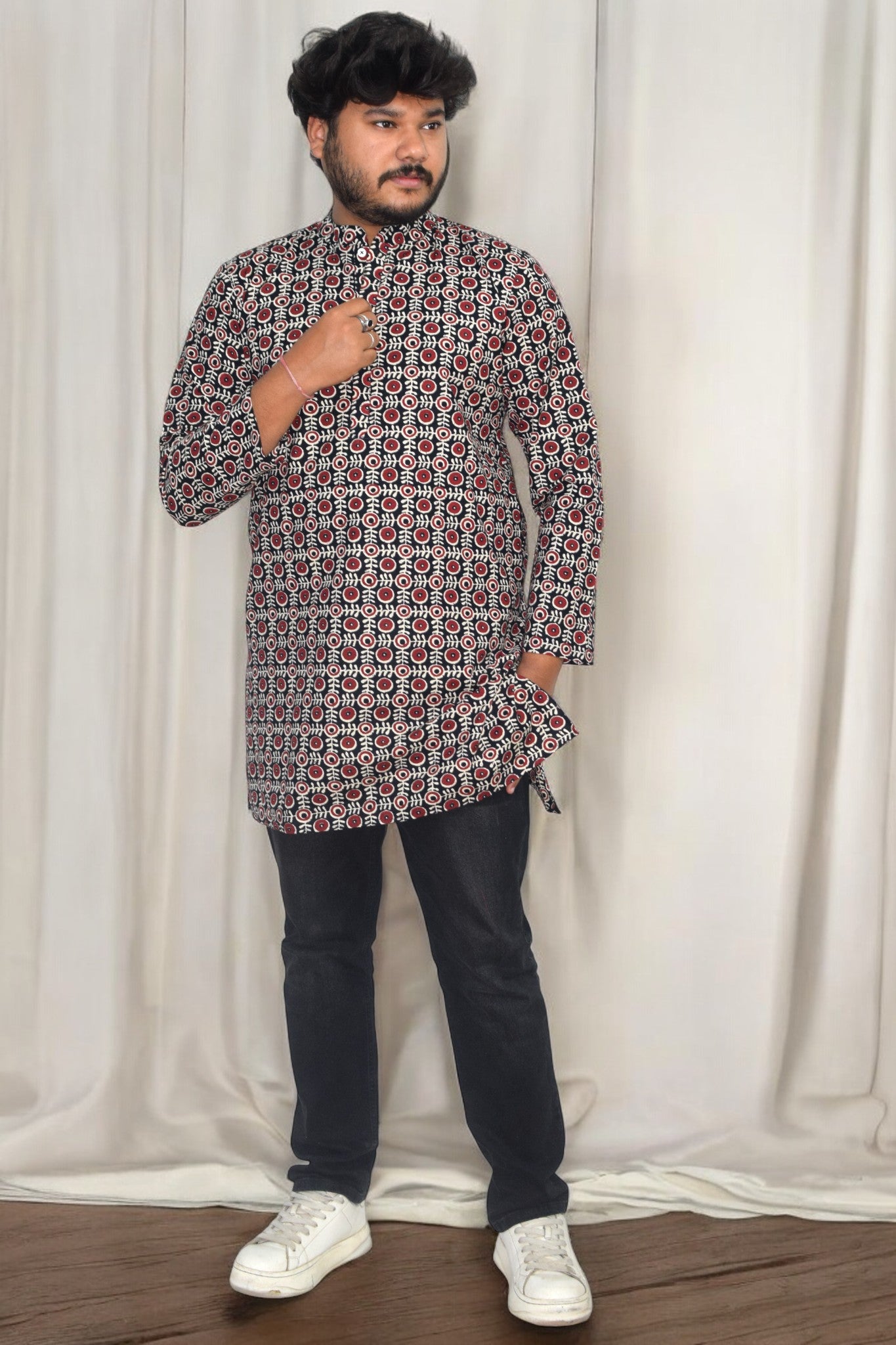 Heritage Black circle Hand Block Cotton kurta for men