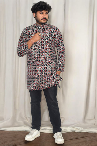 Heritage Black circle Hand Block Cotton kurta for men