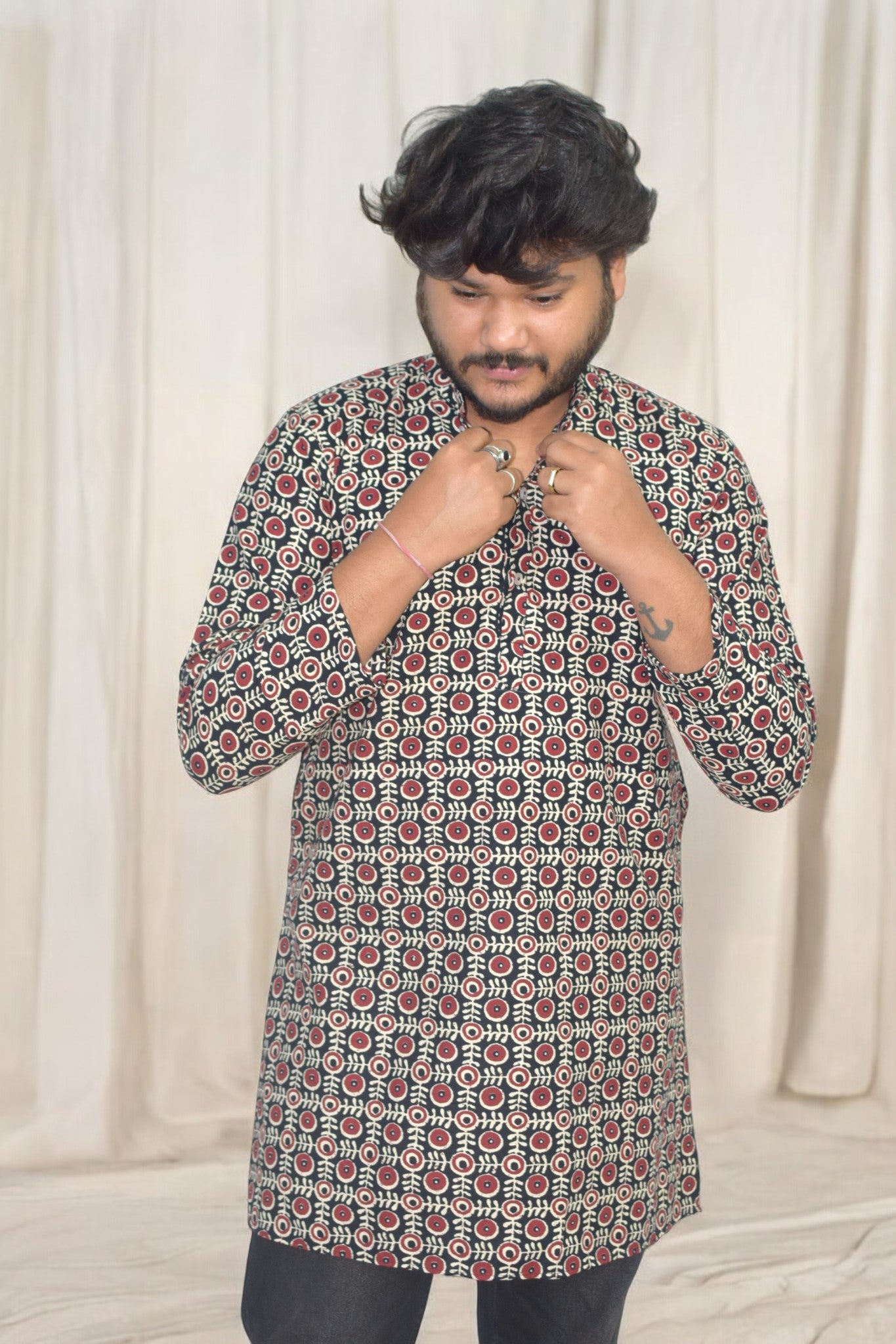 Heritage Black circle Hand Block Cotton kurta for men