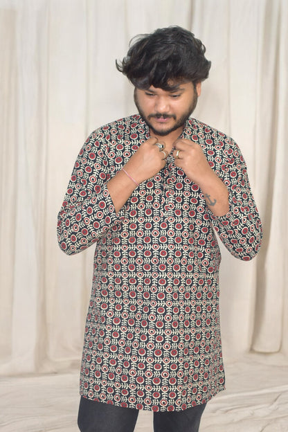 Heritage Black circle Hand Block Cotton kurta for men