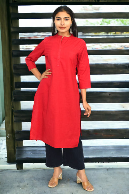 Red collared round neck Plain Cotton Kurta