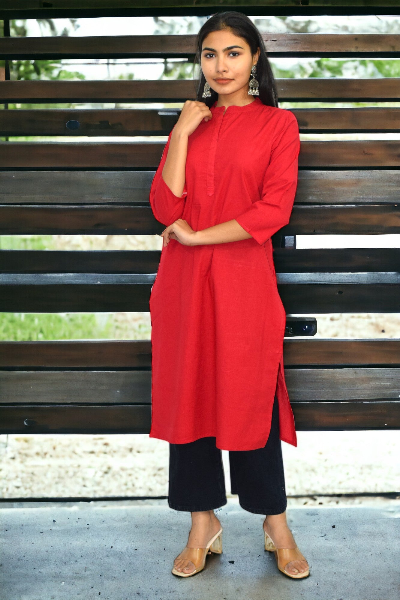 Red collared round neck Plain Cotton Kurta