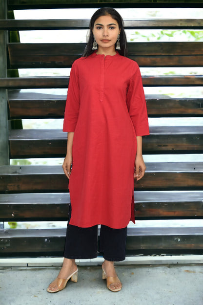 Red collared round neck Plain Cotton Kurta