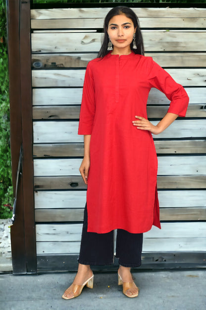 Red collared round neck Plain Cotton Kurta