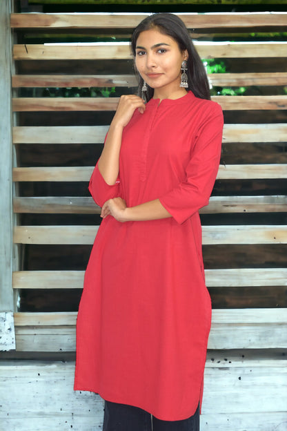 Red collared round neck Plain Cotton Kurta