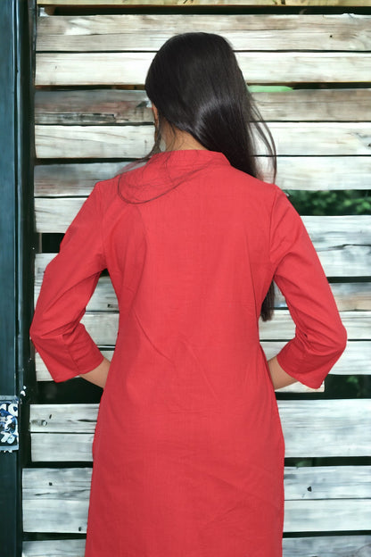 Red collared round neck Plain Cotton Kurta