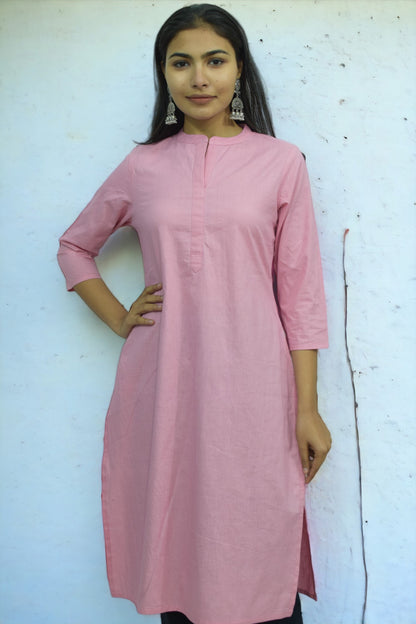 Pink collared round neck Plain Cotton Kurta