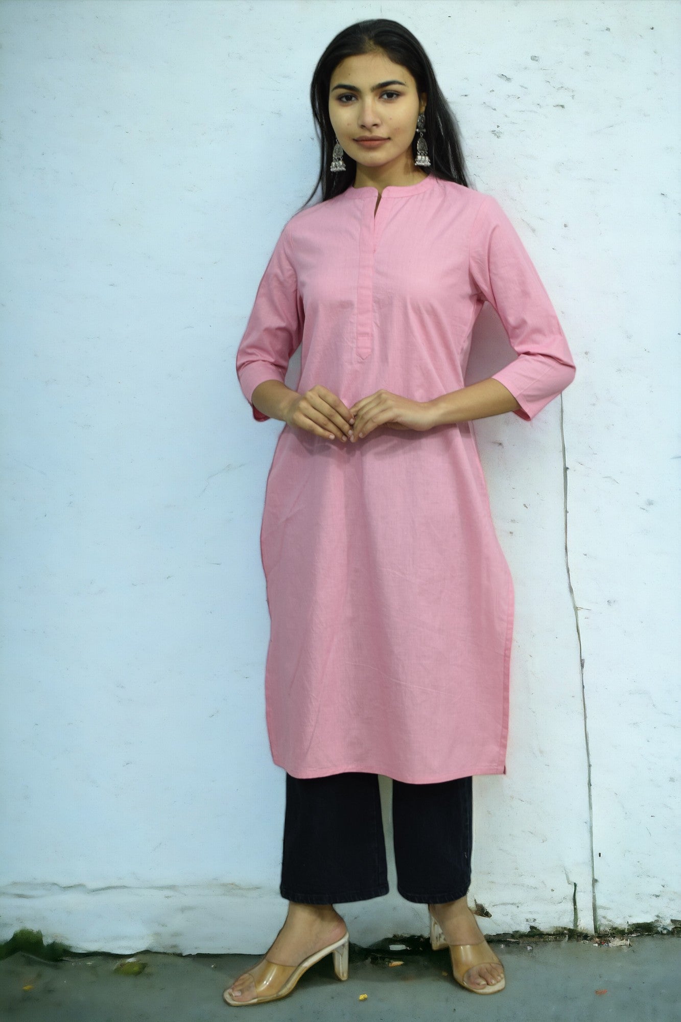 Pink collared round neck Plain Cotton Kurta