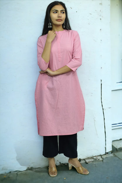 Pink collared round neck Plain Cotton Kurta