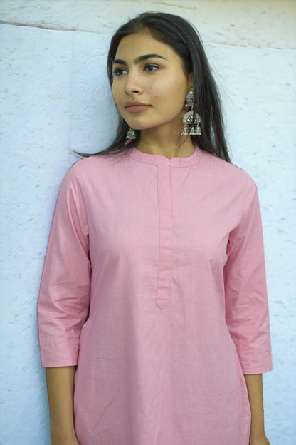 Pink collared round neck Plain Cotton Kurta