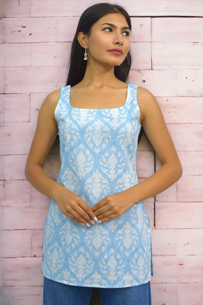 Light blue Booti Cotton Broad neck Kurti