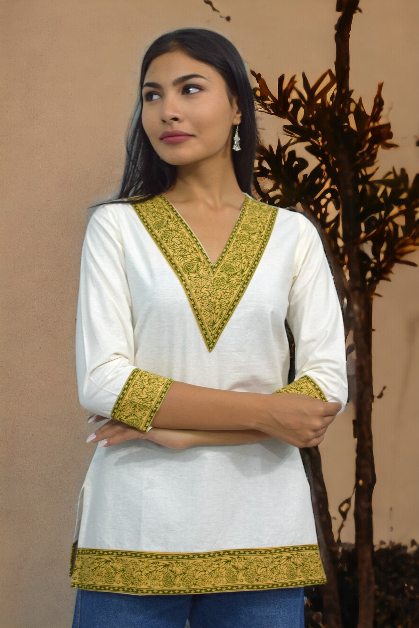 V-neck green short Kurti