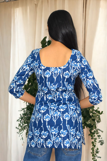 Blue Matka Cotton Sleeves Broad Neck Kurti