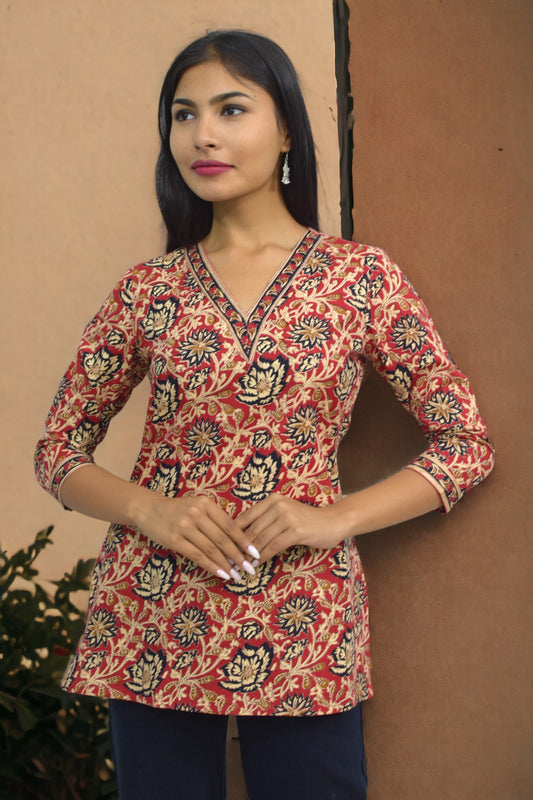 V-neck red kalamkari short Kurti