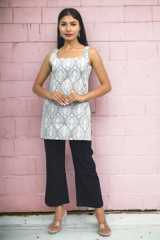 Grey Booti Cotton Broad neck Kurti