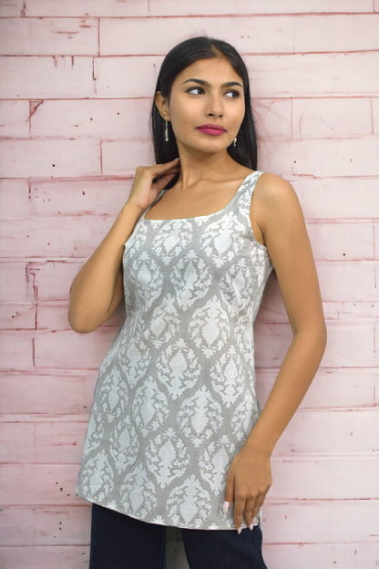 Grey Booti Cotton Broad neck Kurti