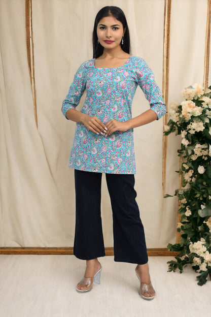 Blue pink Cotton Sleeves Broad Neck Kurti