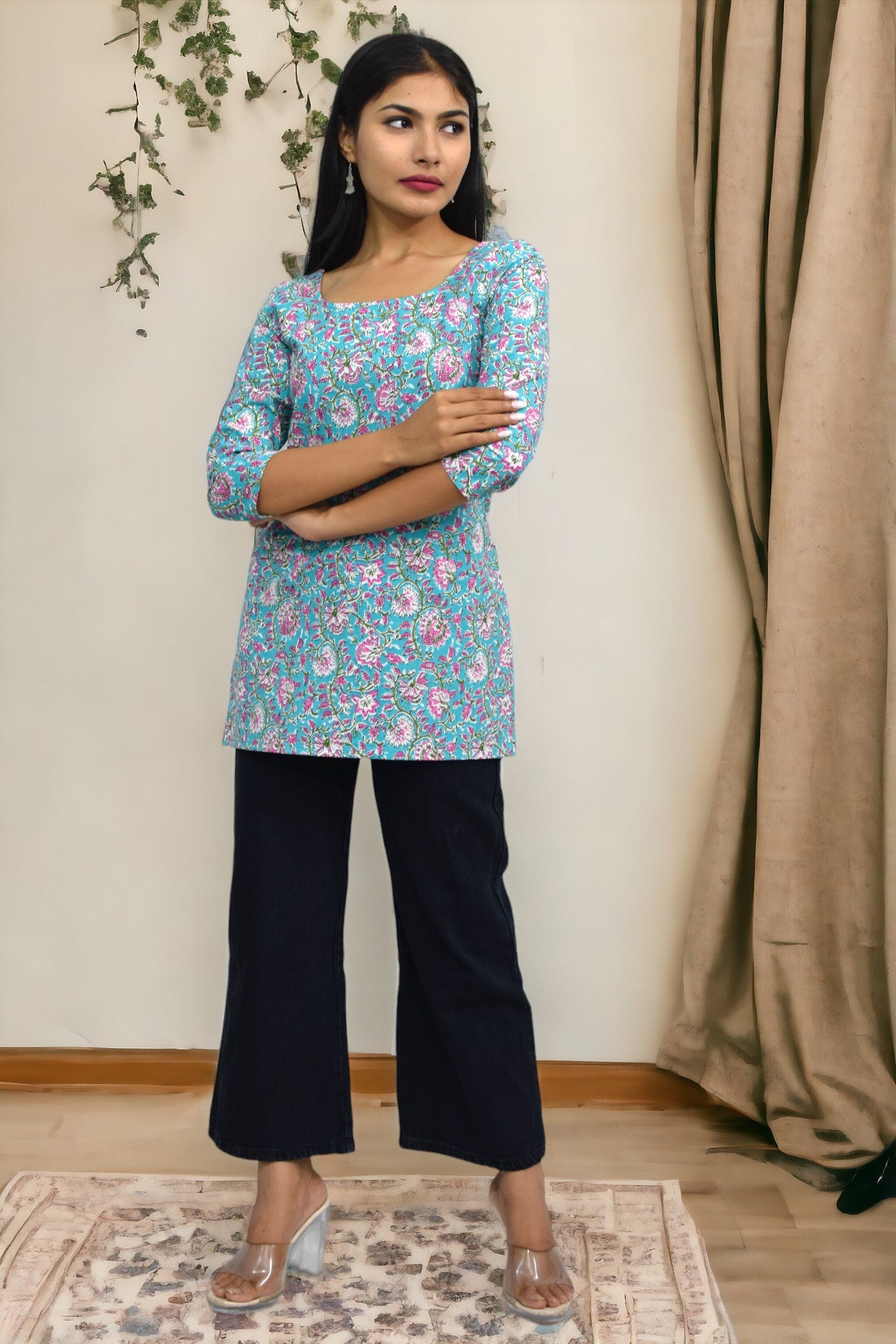 Blue pink Cotton Sleeves Broad Neck Kurti