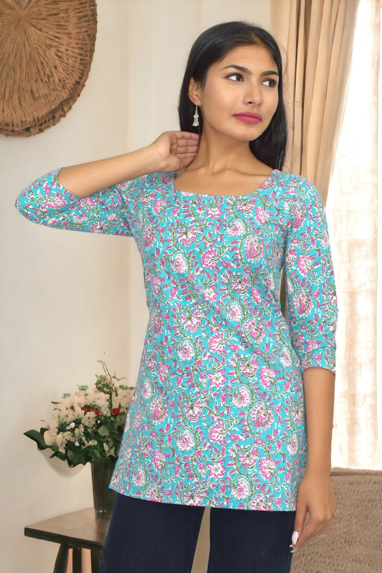 Blue pink Cotton Sleeves Broad Neck Kurti