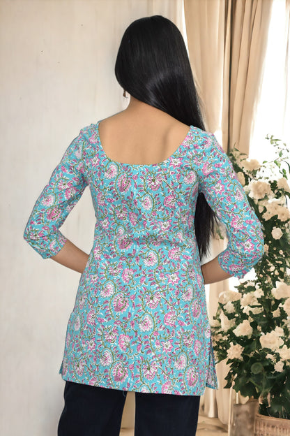 Blue pink Cotton Sleeves Broad Neck Kurti