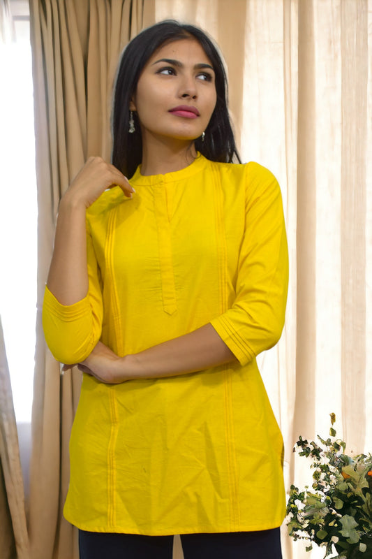 Pintex Yellow plain short kurta