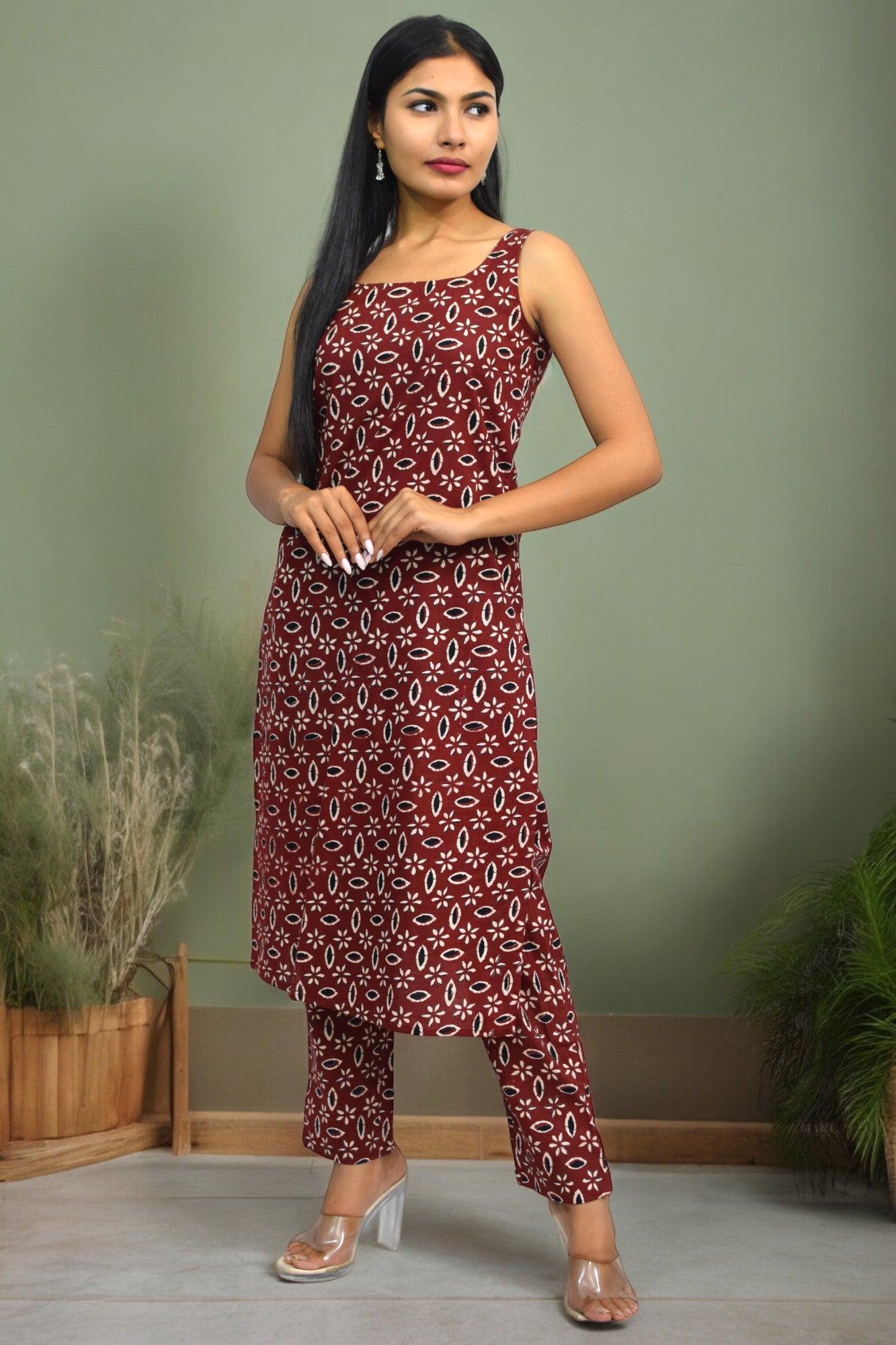 Maroon Champa pure cotton Printed coord set