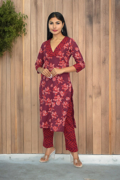 V-maroon printed pure handblock cotton coord set