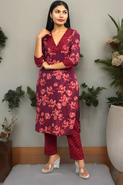 V-maroon printed pure handblock cotton coord set