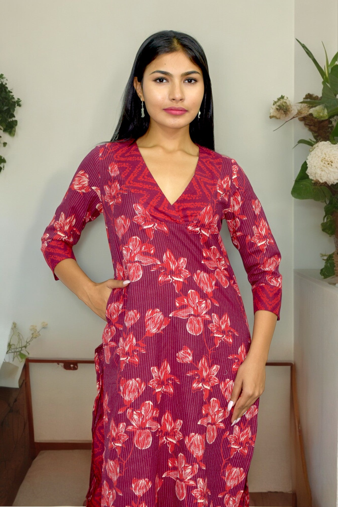 V-maroon printed pure handblock cotton coord set